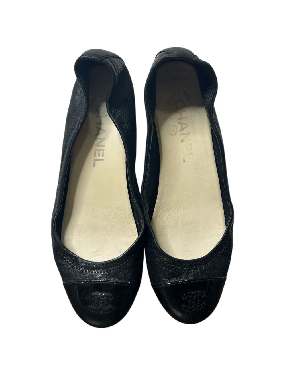CHANEL Black Leather Cap Toe Patent Leather Ballet Flats CC Logo Shoes Size 37